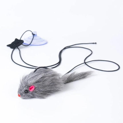 Hanging Cat Toy for Everyday Indoor Play and Fun - gray furry mouse with suction-cup attachment for independent apartment cat entertainment