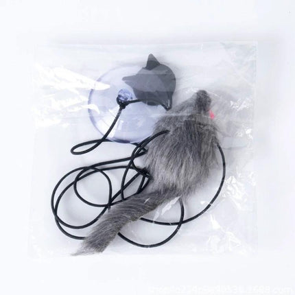 Hanging Cat Toy for Everyday Indoor Play and Fun - gray faux fur mouse with suction cup for apartment cats