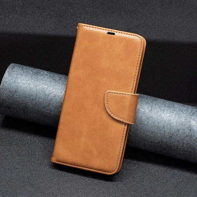 Leather Phone Case With Card Slot For Daily Protection in tan PU leather wallet style with magnetic flap, card slots, TPU inner shell for everyday protection