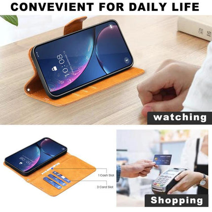 Leather Flip Case for Daily Phone Protection showing orange PU leather wallet case with card slots and hands-free stand for commuting and shopping