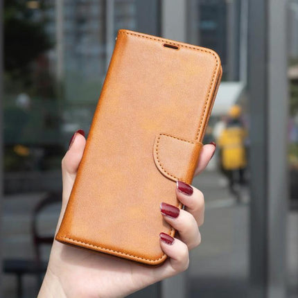 Leather Flip Case for Daily Phone Protection in tan PU leather with card slots, TPU core and magnetic closure, ideal for commuting and hands-free use