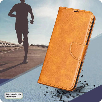 Leather Flip Case for Daily Phone Protection shown in tan PU leather with card slots, TPU core, and magnetic wallet closure for commuting
