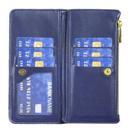 Everyday Wallet Phone Case for iPhone showing navy leather interior with six card slots, clear ID window and zippered cash compartment