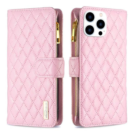 Everyday Wallet Phone Case for iPhone in pink quilted leather with zipper pocket and card slots