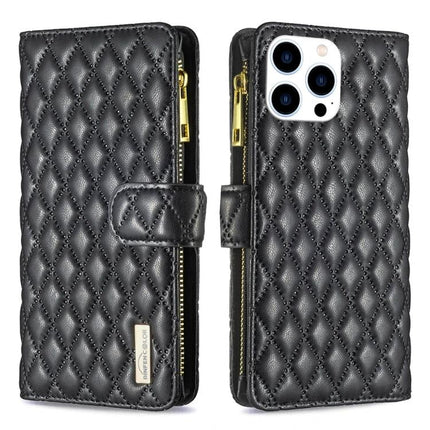 Everyday Wallet Phone Case for iPhone in black quilted leather with zipper compartment and card slots, shown front and back