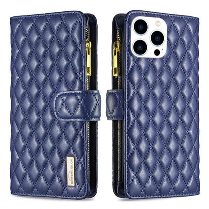 Everyday Wallet Phone Case for iPhone in quilted navy leather with zipper pocket and six-card slots, protective magnetic flap wallet design