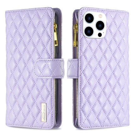 Everyday Wallet Phone Case for iPhone in lavender quilted wallet with zipper compartment and card slots