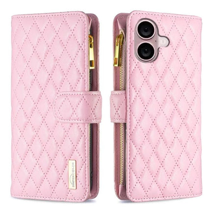Everyday Wallet Phone Case for iPhone in quilted pink leather with zipper pocket and card slots, front and back views
