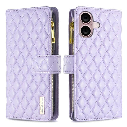 Everyday Wallet Phone Case for iPhone in quilted lavender with zipper pocket and six-card slots, magnetic clasp, slim pocket-ready design