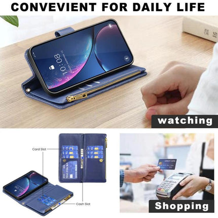 Leather Flip Case With Card Storage For Daily Phone Use On The Go Ideal For Commuters - navy leather wallet case with stand, card and cash slots, zipper pocket