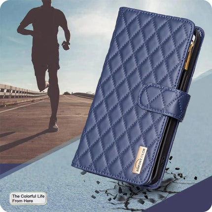 Leather Flip Case With Card Storage For Daily Phone Use On The Go Ideal For Commuters - quilted navy wallet case with stand and card slots