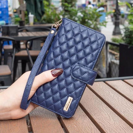 Leather Flip Case With Card Storage For Daily Phone Use On The Go Ideal For Commuters - navy quilted leather wallet phone case with wrist strap and stand