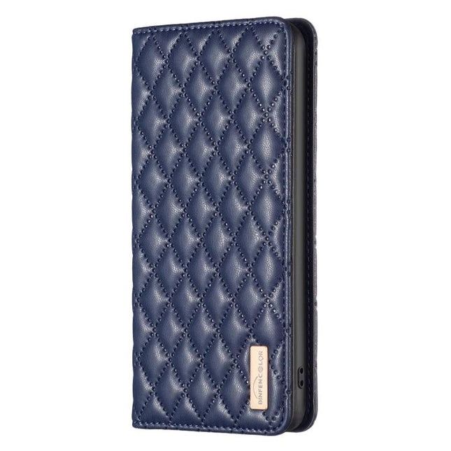 Protective Leather Flip Case For iPhone With Built In Stand For Everyday Use On The Go - navy quilted PU wallet case with stand