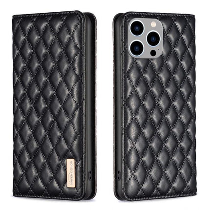 Protective Leather Flip Case For iPhone With Built In Stand For Everyday Use On The Go - black quilted PU cover with integrated stand
