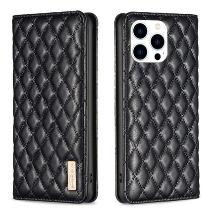 Protective Leather Flip Case For iPhone With Built In Stand For Everyday Use On The Go - black quilted PU wallet case with stand