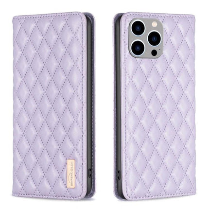 Protective Leather Flip Case For iPhone With Built In Stand For Everyday Use On The Go - lavender quilted PU cover with integrated stand