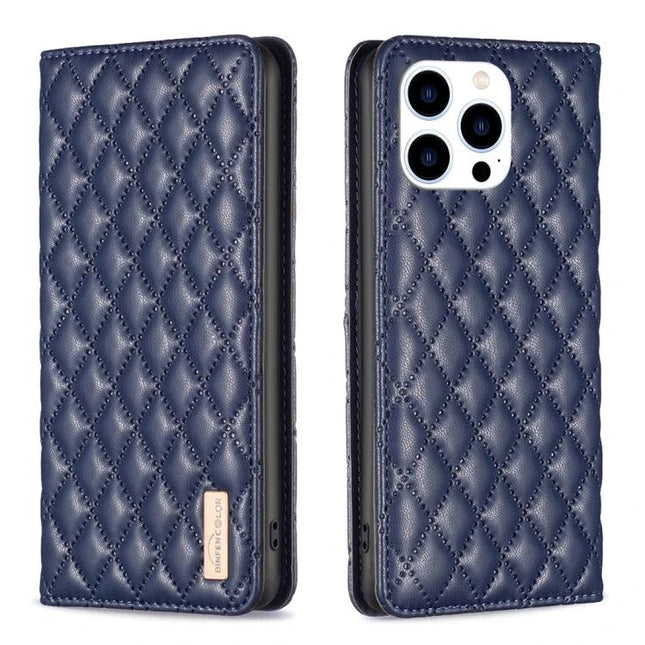 Leather Flip Case For iPhone Everyday Protection - navy quilted PU leather wallet-style case with built-in stand and precise port access