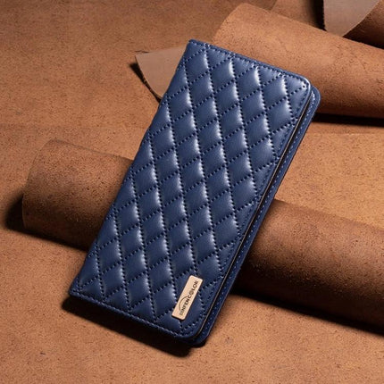 Leather Flip Case For iPhone Everyday Protection - quilted blue PU leather flip cover with TPU interior and built-in stand for hands-free use