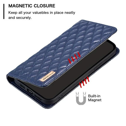 Leather Flip Case For iPhone Everyday Protection quilted navy PU magnetic closure with built-in stand and port access