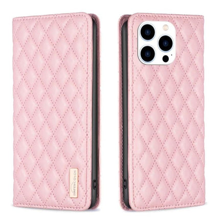 Leather Flip Case For iPhone Everyday Protection - pink quilted PU leather flip case with TPU interior and built-in stand for iPhone 16
