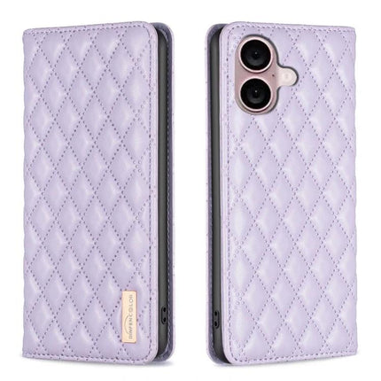 Leather Flip Case For iPhone Everyday Protection in quilted lavender PU with built-in stand and precise cutouts for iPhone 16