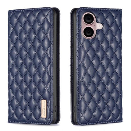 Leather Flip Case For iPhone Everyday Protection - quilted navy PU leather flip cover with built-in stand and camera cutout for iPhone 16