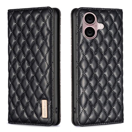 Leather Flip Case For iPhone Everyday Protection - black quilted PU leather flip case with TPU inner shell and kickstand for iPhone 16
