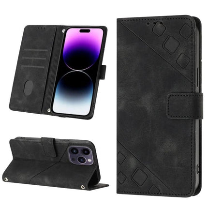 Leather Phone Case With Card Slots For Everyday Carry - black embossed folio wallet with card slots, TPU bumper and kickstand