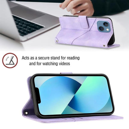 Leather Phone Case With Card Holder For Everyday On The Go - embossed purple wallet case folded as a stand showing card slots and phone screen