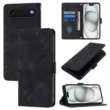 Leather Phone Case With Card Slots For Daily Essentials — black embossed leather wallet case with TPU edge, card slots, cash compartment, stand function
