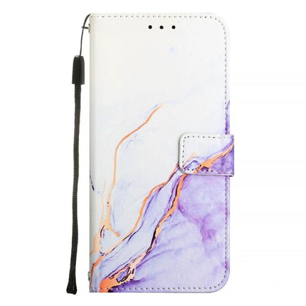 Stylish Leather Flip Case With Card Slots For Daily Phone Use - white and purple marble PU leather wallet case with wrist strap