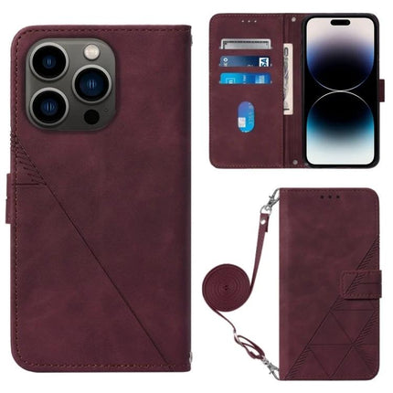Crossbody Leather Flip Phone Case For Everyday Carry in burgundy PU with adjustable lanyard, card slots, magnetic closure, and charging access