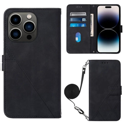 Crossbody Leather Flip Phone Case For Everyday Carry - black PU wallet case with adjustable lanyard, card slots, and charging port access