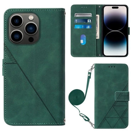 Crossbody Leather Flip Phone Case For Everyday Carry in green PU with adjustable lanyard, card slots, and charging port access