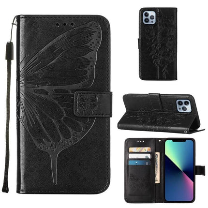 Embossed Butterfly Leather Phone Case With Card Holder showing black PU leather wallet design, card slots, wrist strap and kickstand function