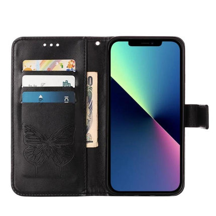 Embossed Butterfly Leather Phone Case With Card Holder showing black PU leather wallet case with card slots, cash pocket and protective TPU shell