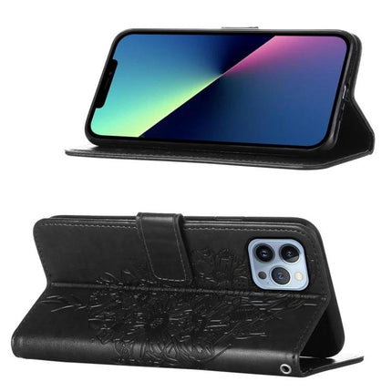 Embossed Butterfly Leather Phone Case With Card Holder black PU leather folio with embossed floral butterfly design and card slot