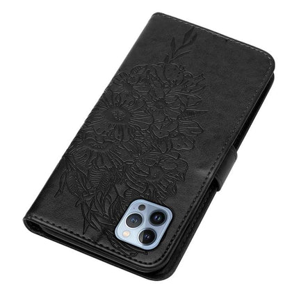 Embossed Butterfly Leather Phone Case With Card Holder showing black embossed floral PU leather wallet case with card slots and camera cutout