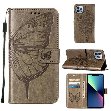 Embossed Butterfly Leather Phone Case With Card Holder showing brown PU leather wallet cover with butterfly embossing, card slots, wrist strap and phone stand