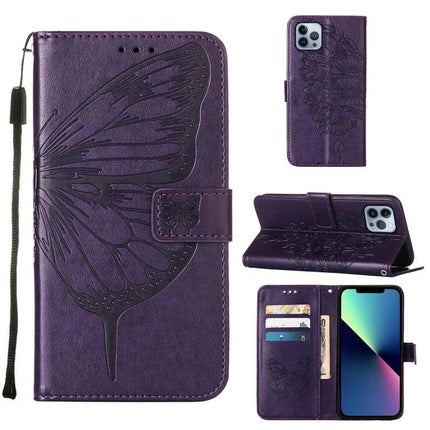 Embossed Butterfly Leather Phone Case With Card Holder in purple PU leather with card slots and wrist strap, wallet-style protective phone cover