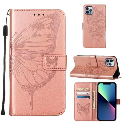 Embossed Butterfly Leather Phone Case With Card Holder in rose gold PU leather with stitched butterfly design, card slots and wrist strap