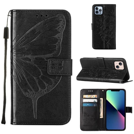 Embossed Butterfly Leather Phone Case With Card Holder showing black PU leather folio, embossed butterfly design, card slots and wrist strap