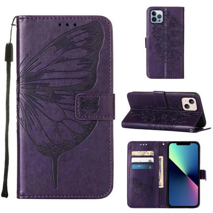 Embossed Butterfly Leather Phone Case With Card Holder in purple PU leather wallet style with wrist strap and card slots