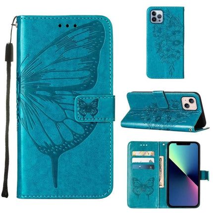 Embossed Butterfly Leather Phone Case With Card Holder in teal PU leather, card slots, wrist strap and butterfly embossing