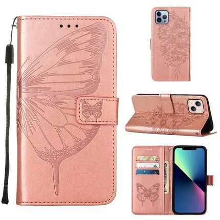 Embossed Butterfly Leather Phone Case With Card Holder in rose gold PU leather with wrist strap, card slots and magnetic folio protection