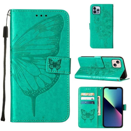 Embossed Butterfly Leather Phone Case With Card Holder in teal PU leather wallet style with butterfly embossing and card slots
