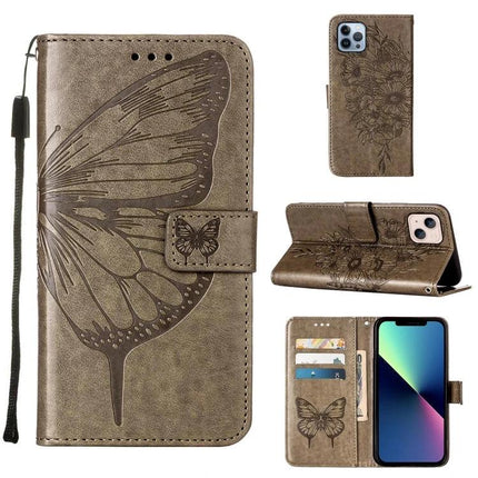 Embossed Butterfly Leather Phone Case With Card Holder brown PU leather wallet case with wrist strap and card slots