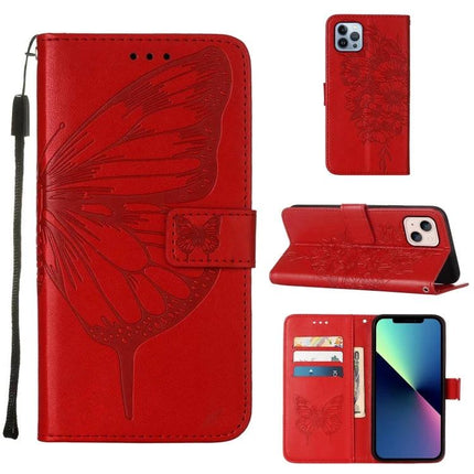 Butterfly Embossed Leather Phone Case for Daily Essentials in red with card slots, wrist strap and kickstand