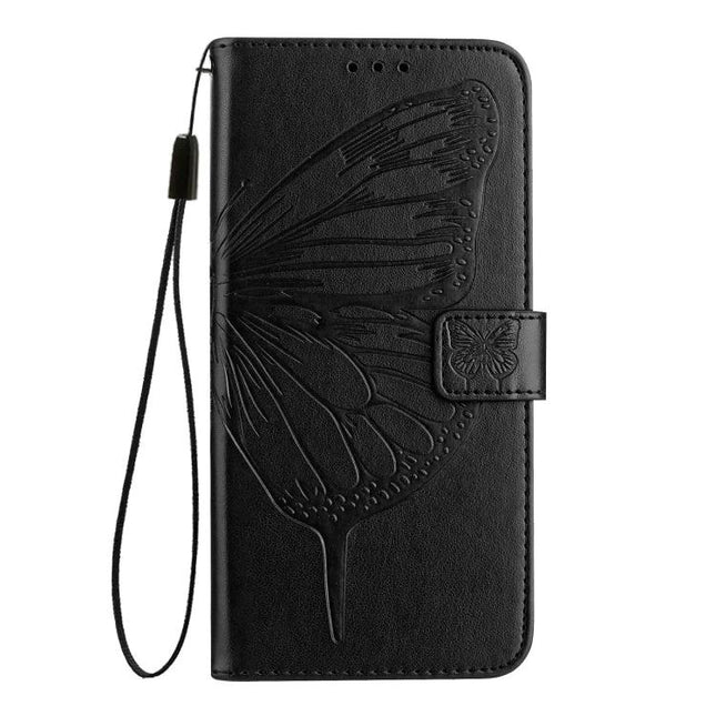 PU Leather Phone Case With Card Storage in black butterfly embossed PU leather wallet with wrist strap, card slots and magnetic clasp