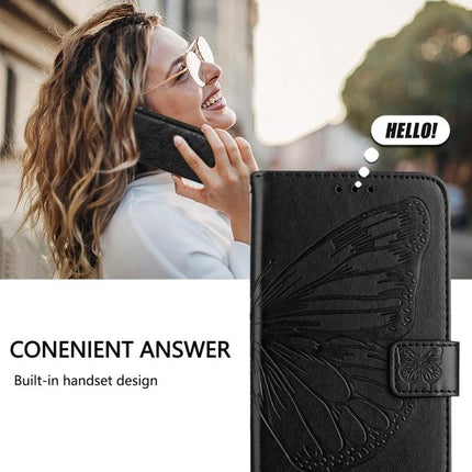 Woman using phone with PU Leather Phone Case With Card Storage butterfly wallet design, built-in handset and card slots, black